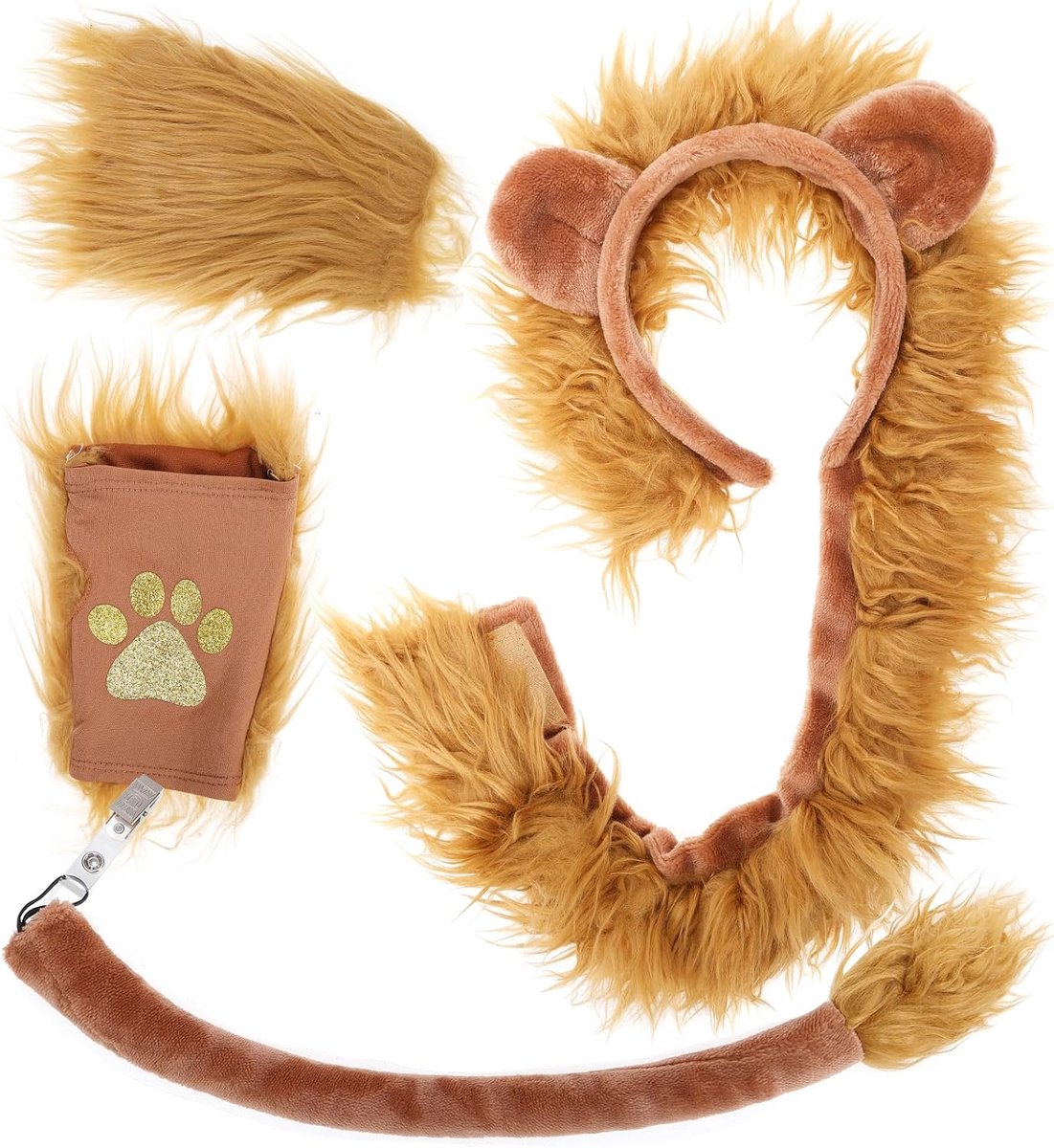 Leeuwenkostuumset, dier, staart en poot, haarband met leeuwenoren, voor kostuum, cosplay, verjaardagsfeest, Halloween, kostuum, feestaccessoires