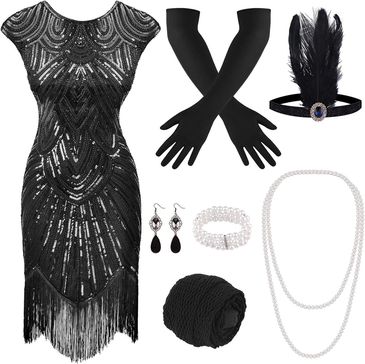 Jaren 20 Pailletten Kralen Fringe Flapper Jurk 20s Accessoires Set