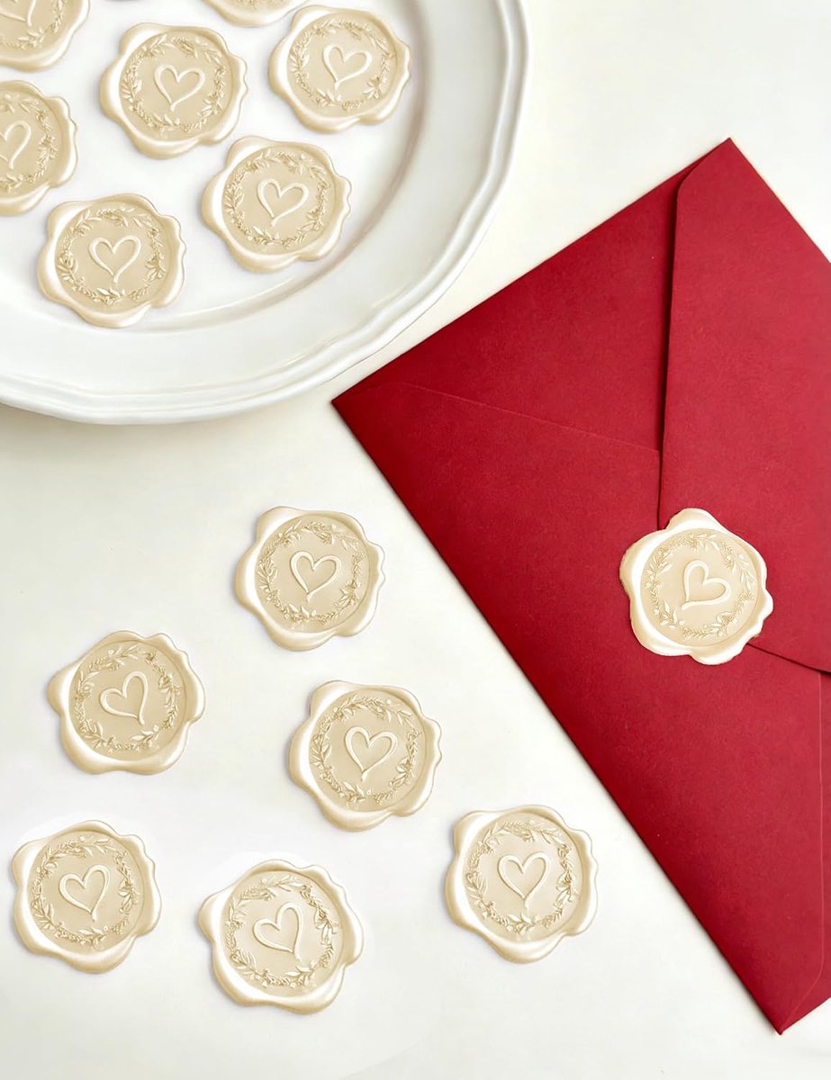 48 stuks Wax Seal Stickers met Hart en Olijftak reliëf, Beige | Zelfklevende Waszegel, Lakzegels voor Envelop Bruiloft Uitnodiging Verjaardag Cadeauverpakkingen Decoratie