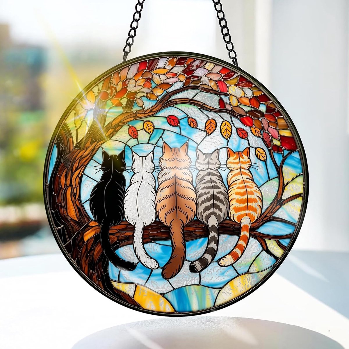 Kat Gekleurd Glas Hangend - Herfst Hangende Raamdecoratie - voor Tuin, Raam en Deur, Verjaardag voor Vrouwen, Handgemaakte Suncatcher Decoratie 20x20 cm
