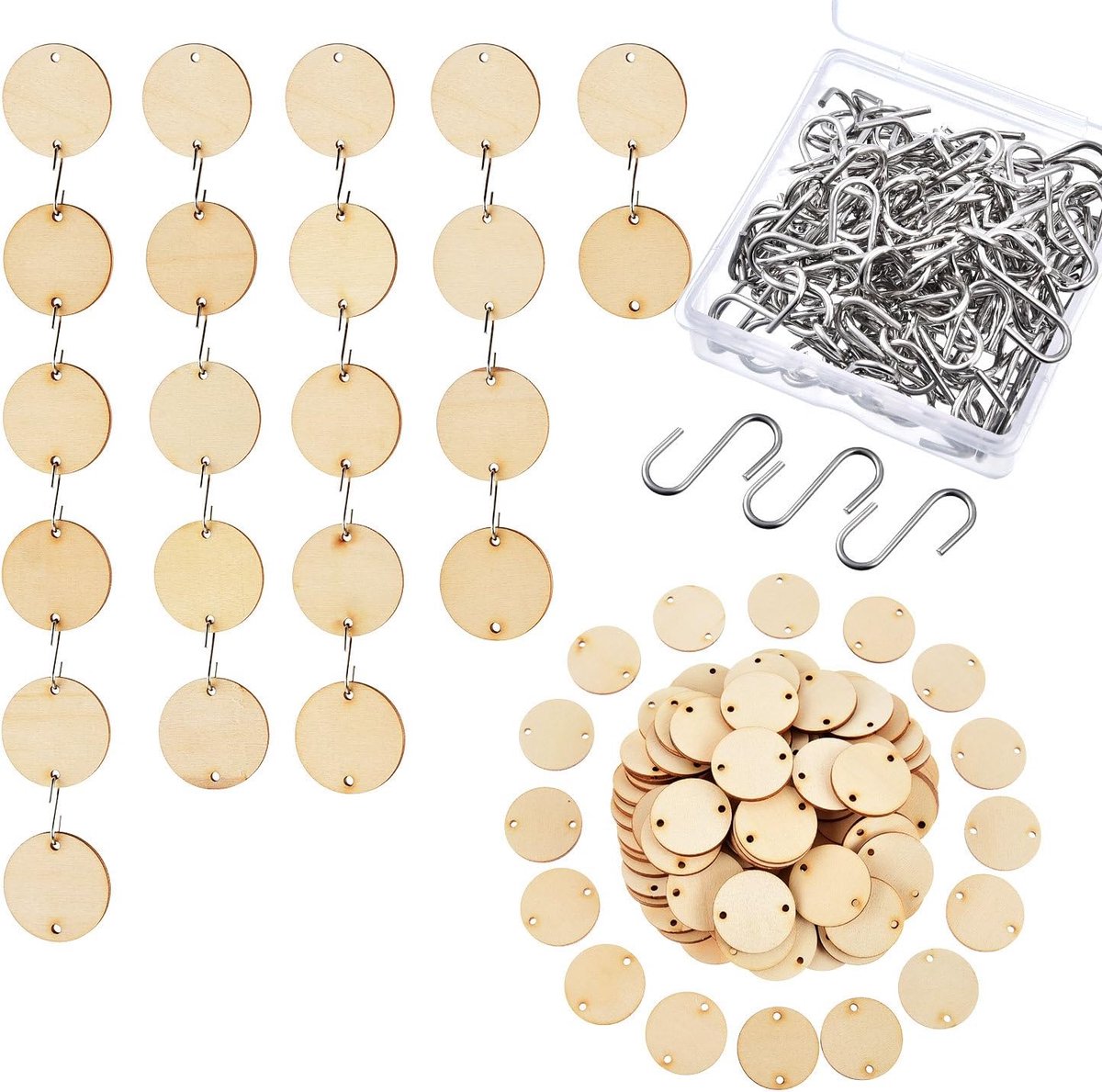 versiering met 2 gaten, ronde houten schijven en S-haken voor kerstdecoratie, verjaardagstafbeelden, handwerk (set van stijlen 1, 200 stuks)