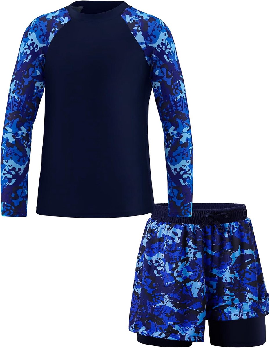 NANU 2-delige zwemset voor jongens, lange mouwen, rashguard + dubbellaagse zwemshorts, uv-zwempak voor 110-164 (5-16 jaar) | 5-16 jaar, 2-delige set, zonwering, sneldrogend, ademend, zwembad, strand, vakantie, zomeractiviteiten