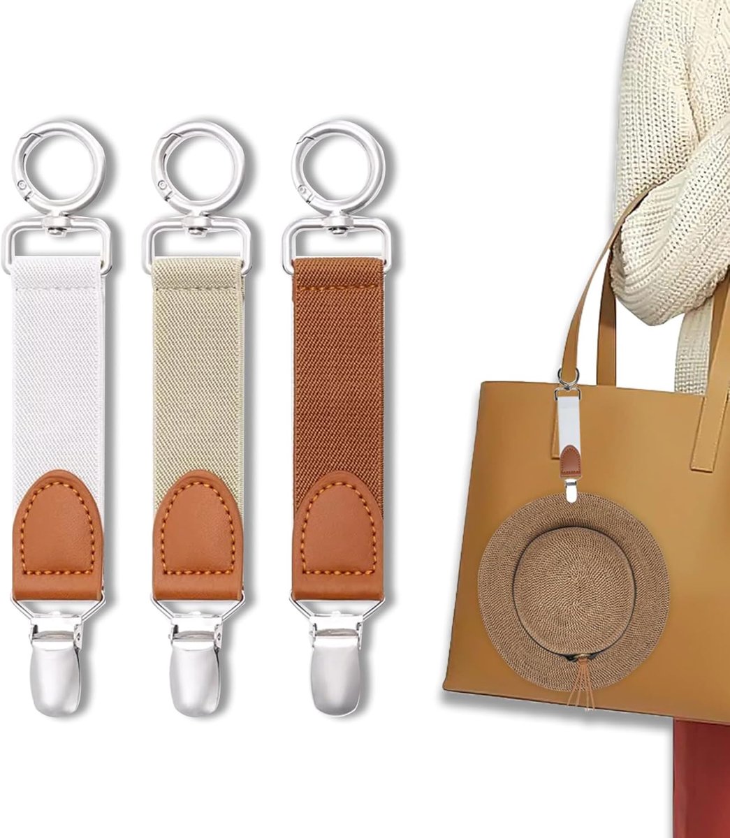 3 Stuks Hoedclips voor Tassen, Reizen Hoed Clip, Lichtgewicht Polyester Materiaal, Geschikt voor Tassen, Rugzakken, Koffers, Handtassen, Outdoor Reisaccessoire (Bruin, Wit, Khaki - 17x3x0,5 cm)