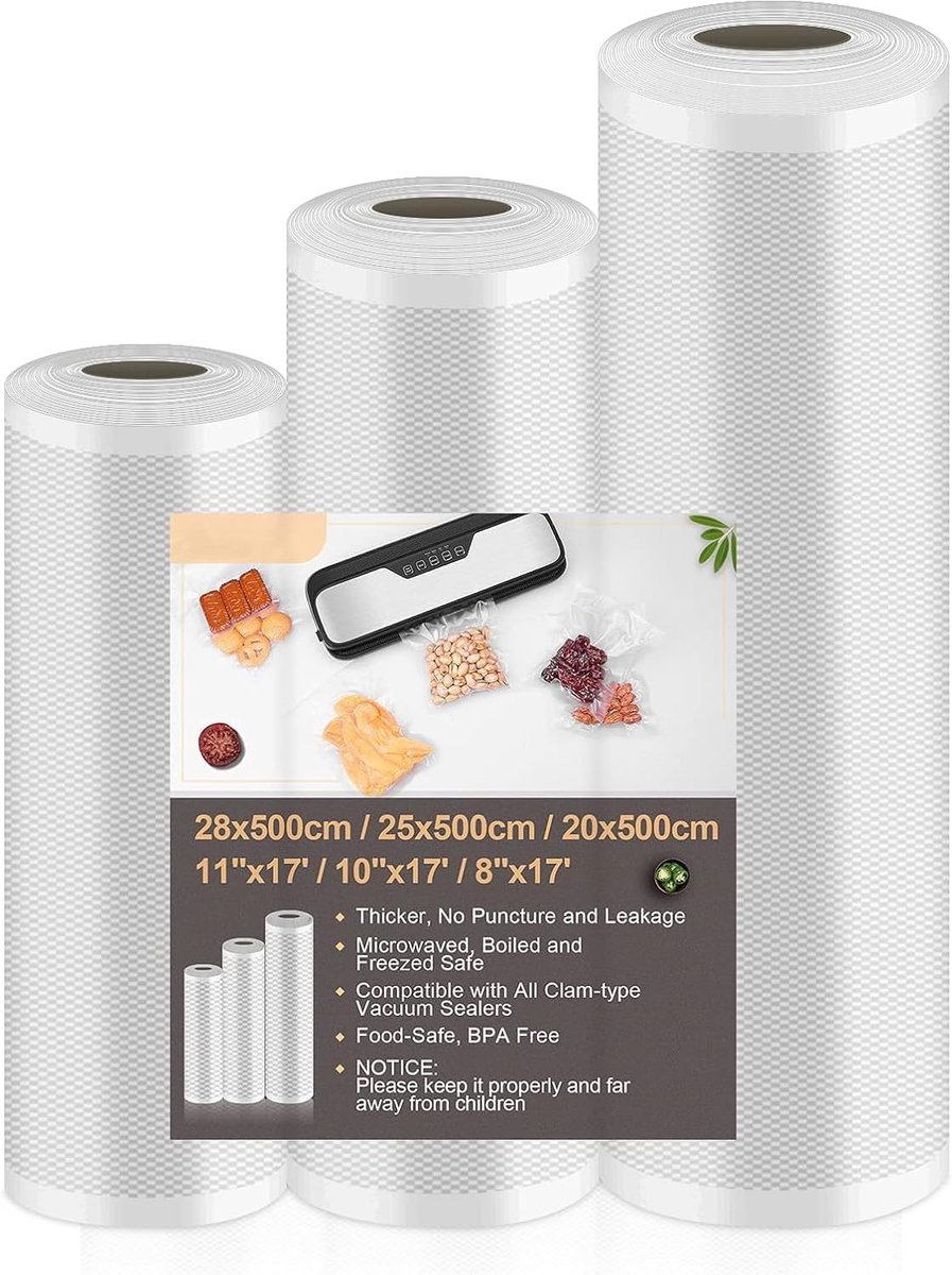 Vacuümfolie 3 rollen 20/25/28x 500cm Vacuümzakken Levensmiddelen, Vacumierfolierollen voor Vacuümverpakkers en Geschikt voor Sous-Viden, BPA-vrij