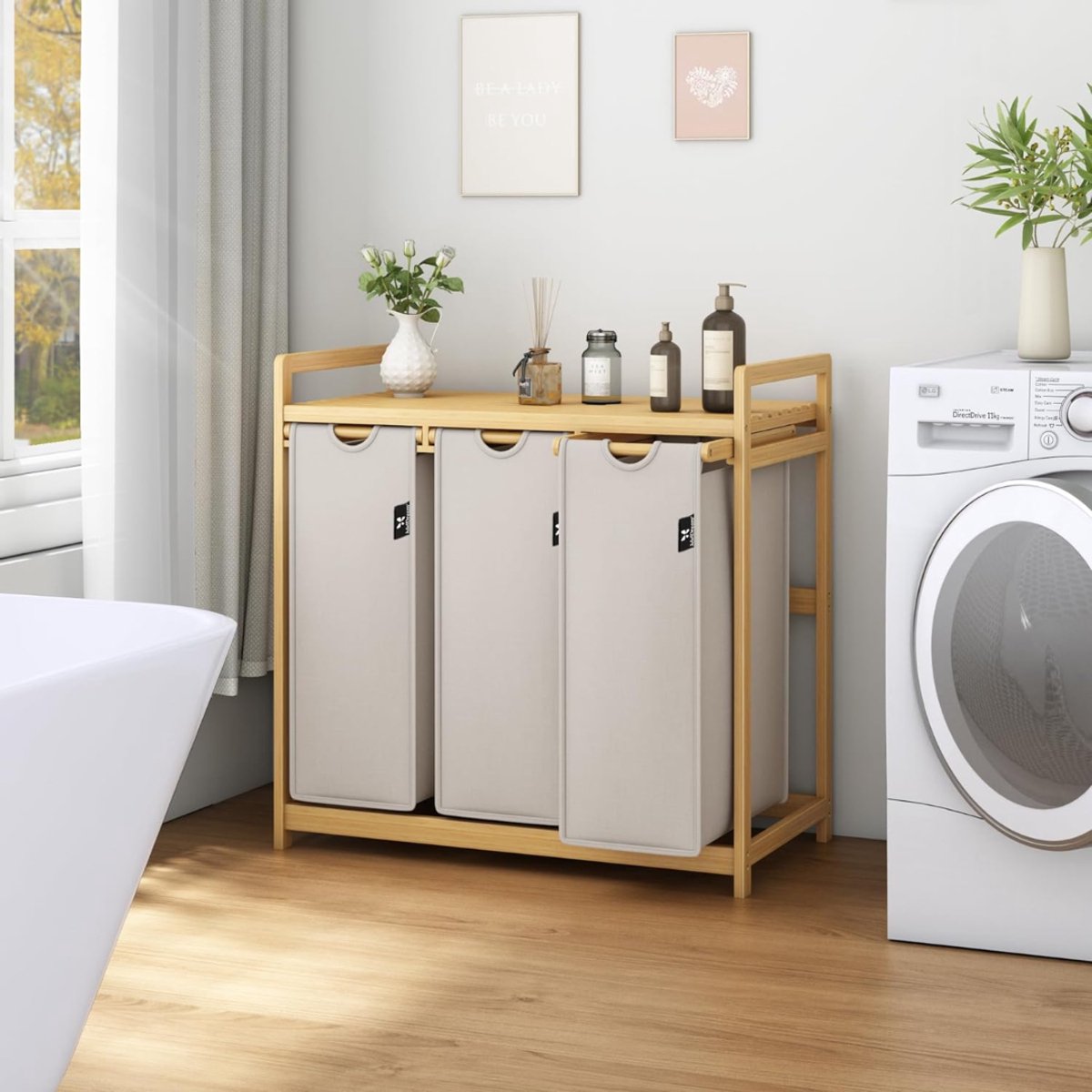 Lìon® Wasmand - 150L - Wassorteerder - Wasmand 3 Vakken - Lichtgrijs - 81cm x 42cm x 80cm