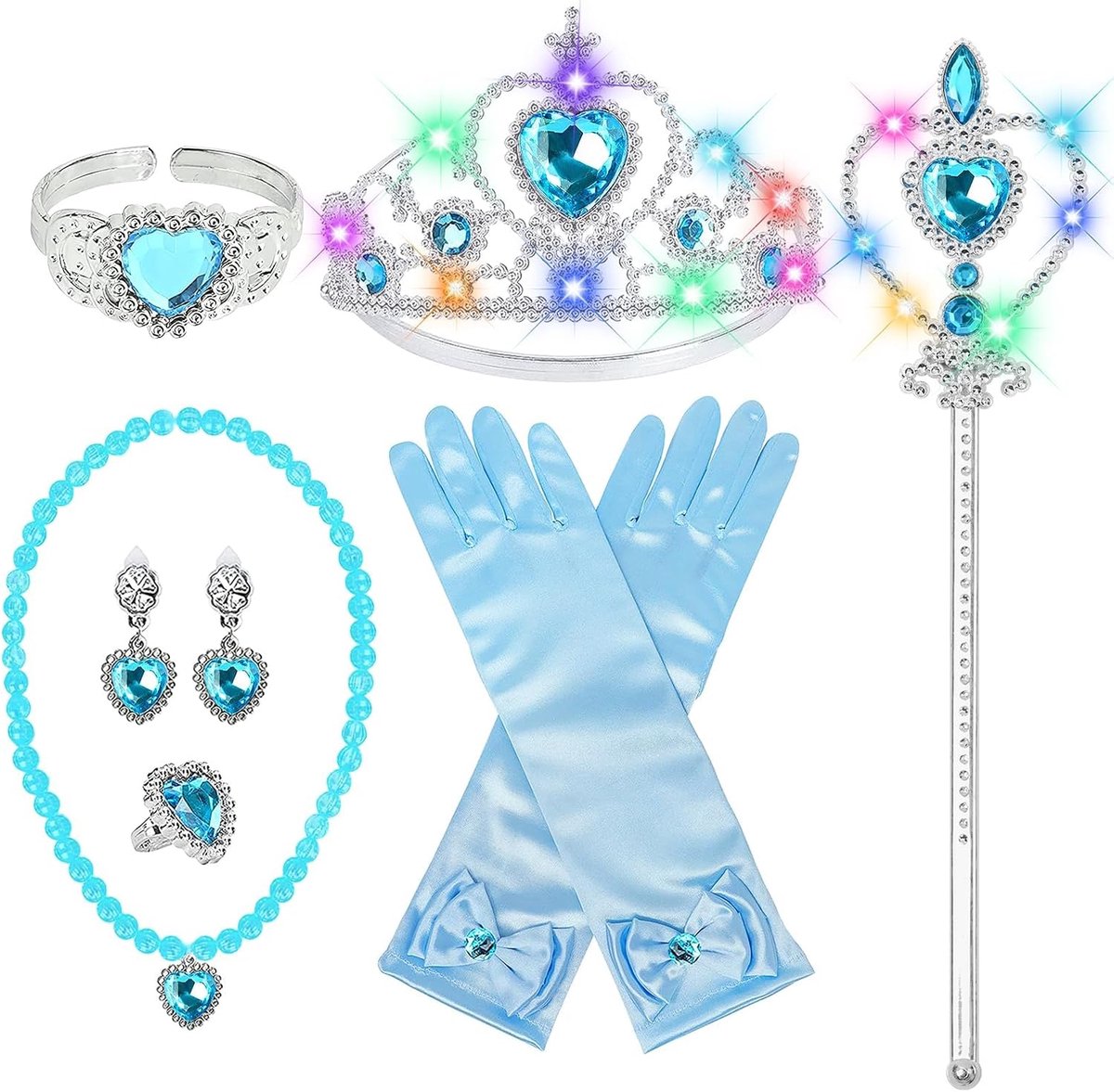 Prinsessenaccessoires voor meisjes, 7 stuks, ijskoningin kostuum, kroon en toverstaf met licht, ijsprinses, handschoenen, armband, halsketting, oorbellen, ringen voor Halloween, Kerstmis