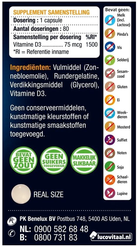 Etiket met "SUPPLEMENT SAMENSTELLING", dosering, ingrediënten en "REAL SIZE" capsule.