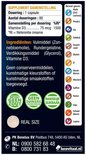 Etiket met "SUPPLEMENT SAMENSTELLING", dosering, ingrediënten en "REAL SIZE" capsule.