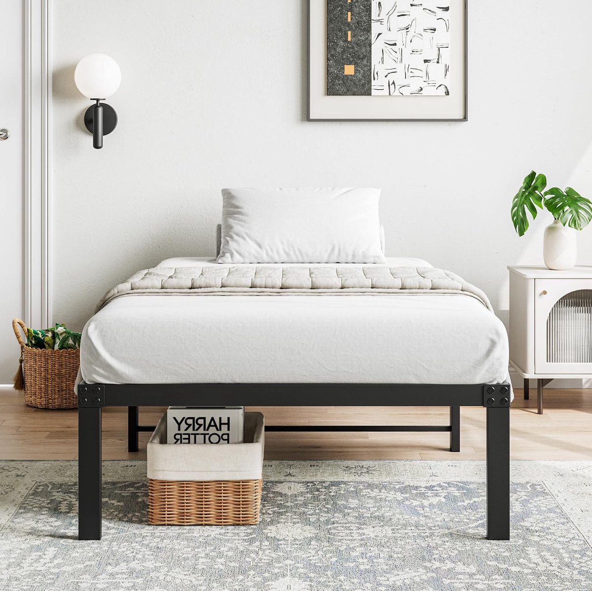 FloraGrace Metalen Bedframe 90x200 cm - Stabiel Platformbed met Hoofdbord en Opbergruimte - Geluidsarm - Zwart - Zonder Matras