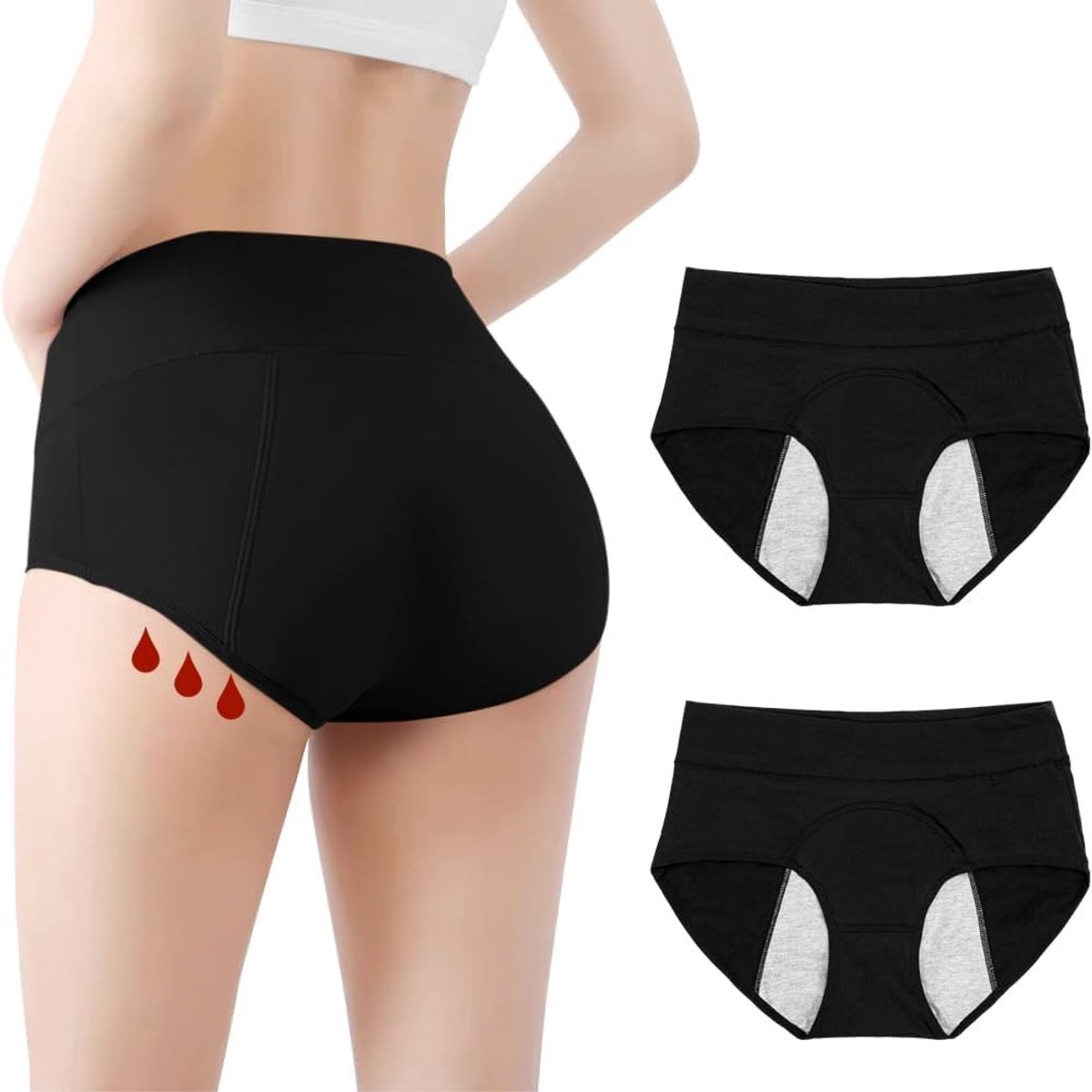 Set van 2 Dames Incontinentieonderbroeken - Wasbare Anti-Urine Onderbroeken voor Menstruatie met Hoge Absorptie (Zwart, Medium)