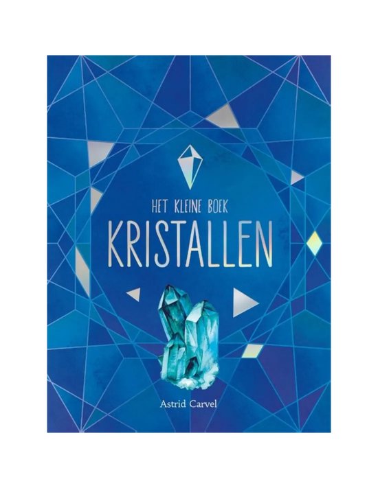 Boek "Het Kleine Boek Kristallen" met blauwe geometrische achtergrond en illustratie van blauwe kristallen.