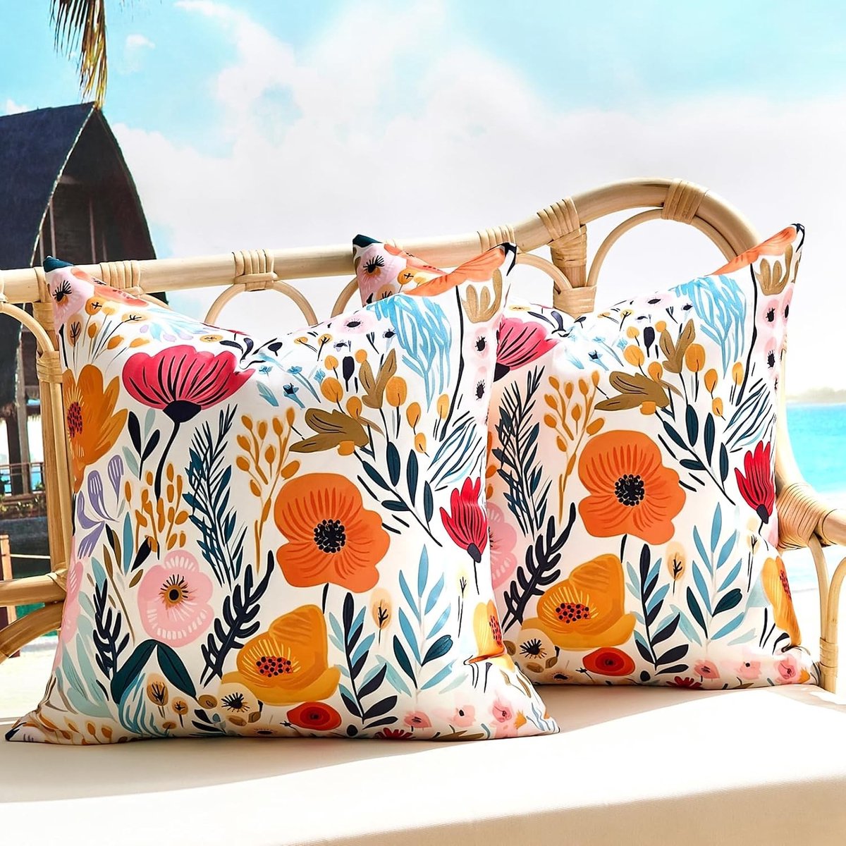 Waterdichte kussenhoezen 40x40 cm met bloemenprint voor sofa en patio, set van 2, oranje en roze bloemen, ideaal voor buitengebruik en tuindecoratie