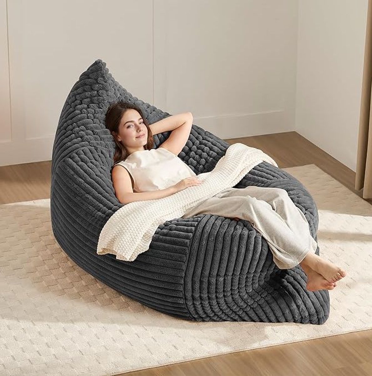 COVREO Zitzak 180 x 125 cm donkergrijs, ribstof met traagschuim, 3-in-1