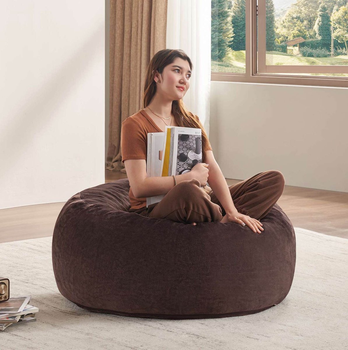 COVREO Zitzak 90x90x50 cm bruin, fluweel als loungestoel voor volwassenen