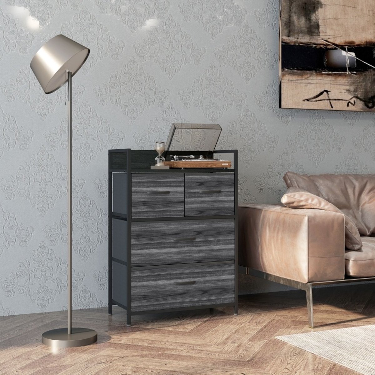 COVREO Ladekast 60 x 29 x 85 cm zwart, polyester met 4 opvouwbare lades