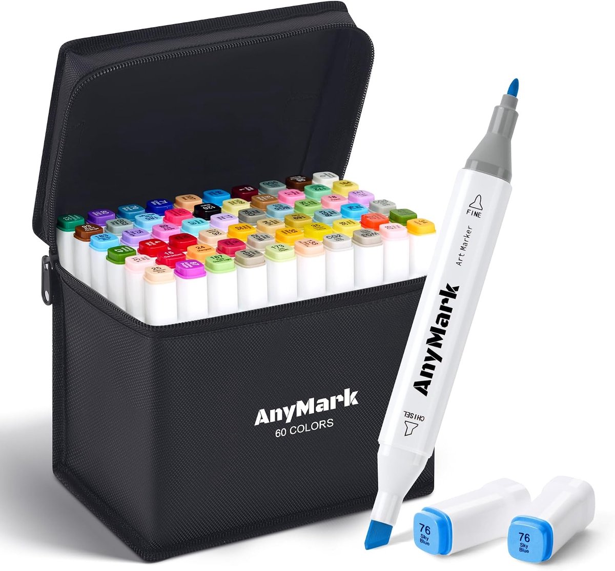 SnelShoppen - AnyMark 60 Kleuren Alcohol Markers, Dubbele Punten, Twinmarkers op Alcoholbasis voor Tekeningen, Kleurschetsen en Creatief Gebruik, Witt