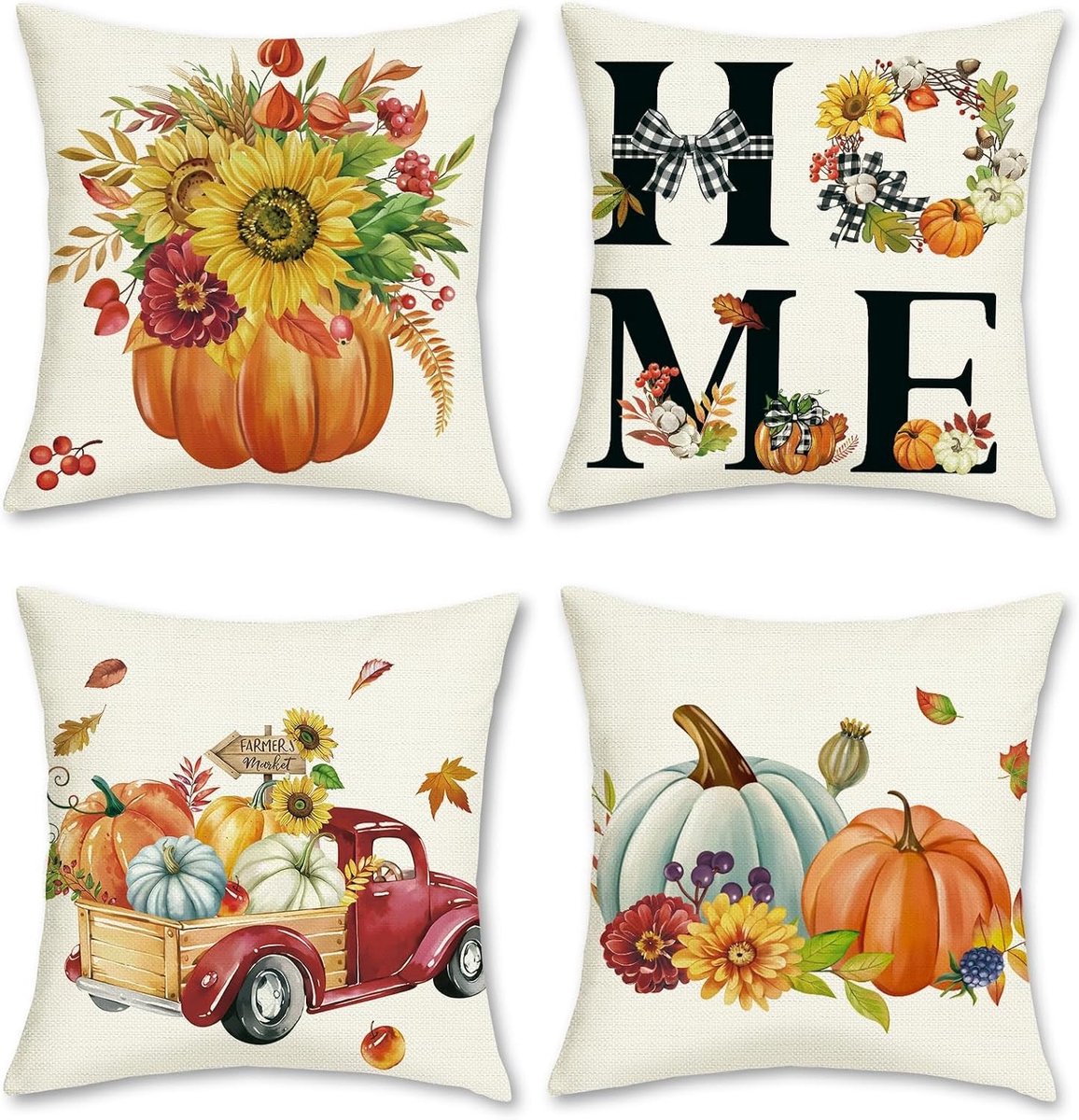 Herfst Kussenhoezen met Pompoenen en Bloemen Krans voor Sofa en Bed - Decoratieve Polyester Kussens 45 x 45 cm Set van 4