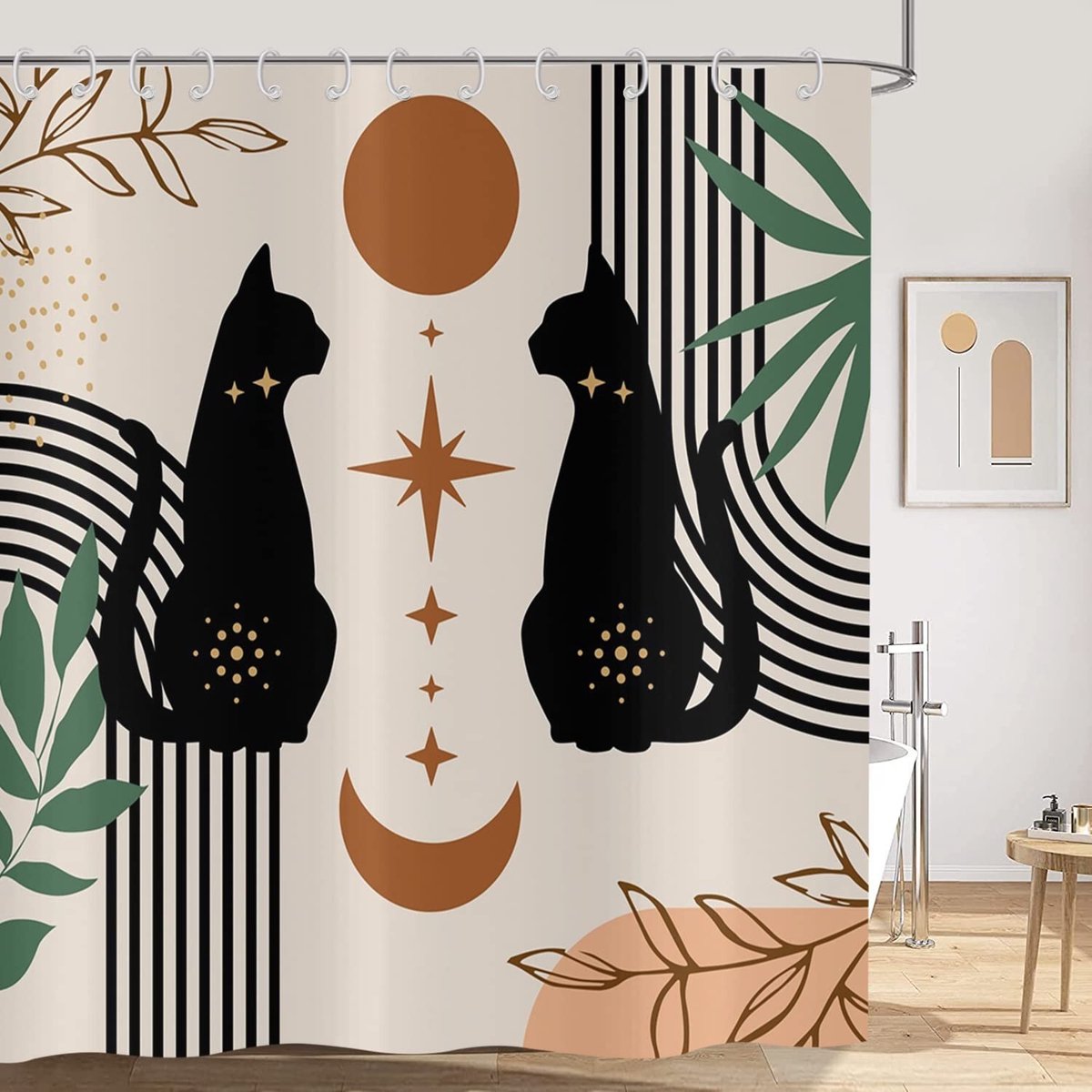 Omgoods - Boho Douchegordijn 180 x 200 cm met Abstracte Kat en Maansymbolen