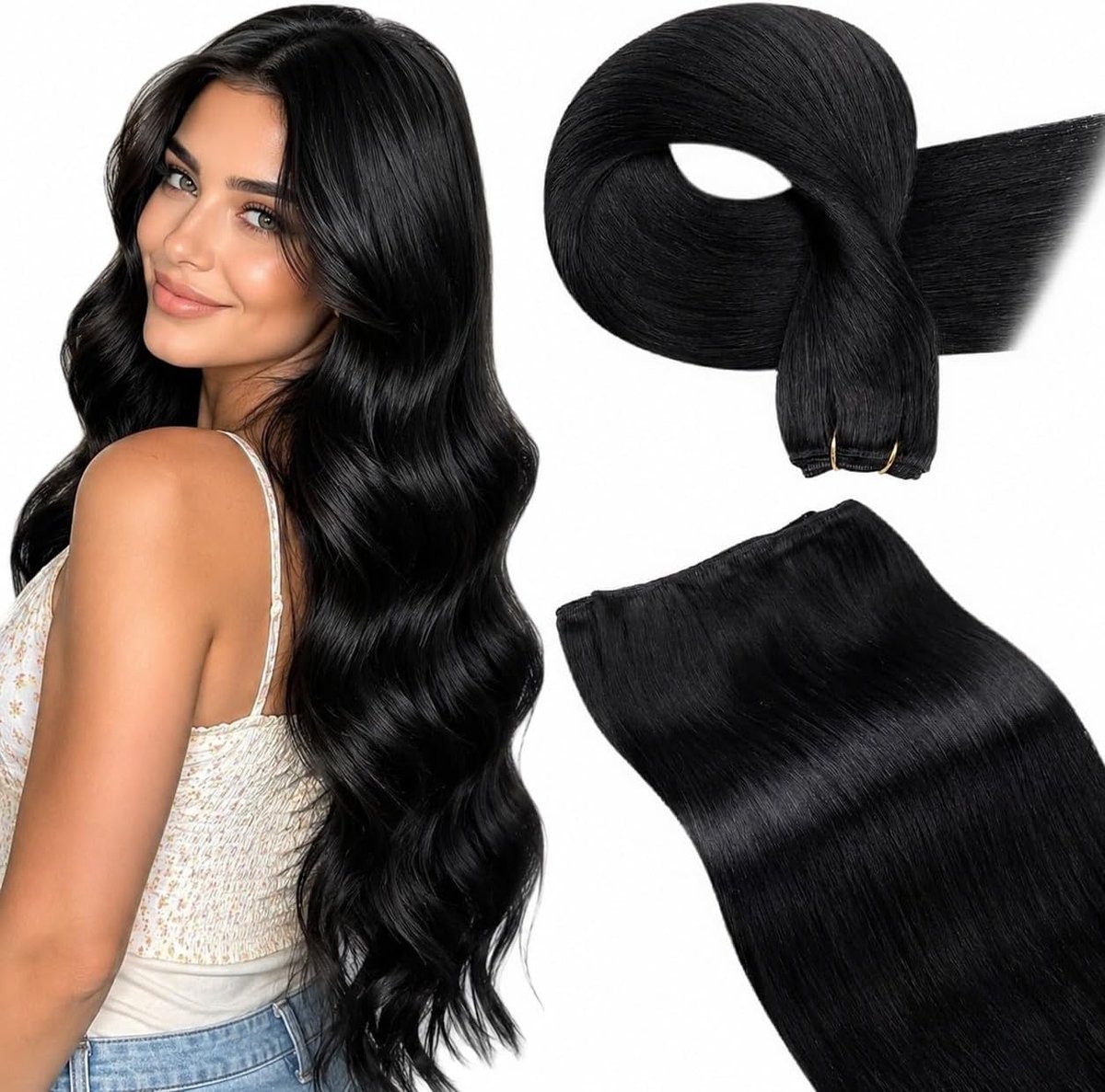 Weft Hair Extensions Real Human Hair Zwart 50cm 100g #1