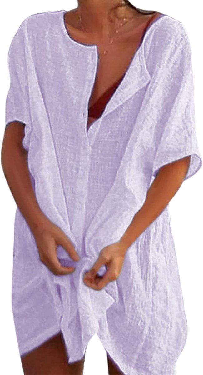 Strandjurk voor dames, transparant, katoen, bikiniblouse, cover-up losse zomercamisolen en pareo's, effen, casual, strandkleding met knoop, badpakken