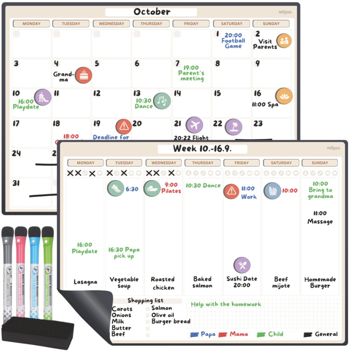 Omgoods - Magnetische Kalender voor Koelkast A3 - Maand- en Weekplanner met Stickers en Markers