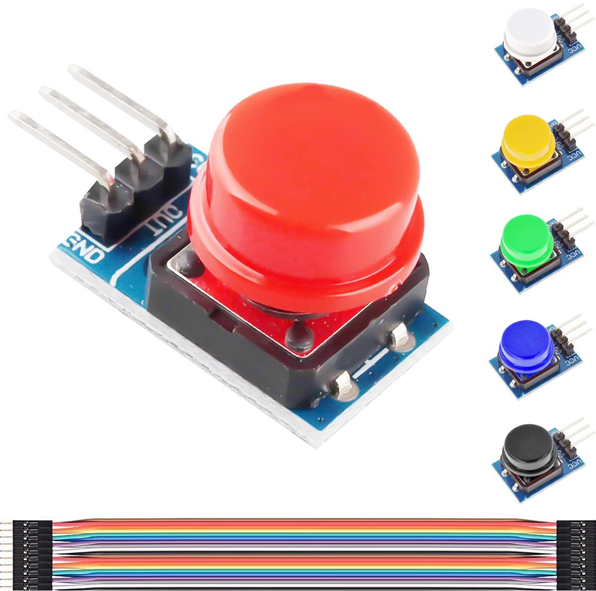 Tactile Push Button 6 stuks 12 x 12 mm Big Button Module Light Touch-schakelaar 3-pins 3,3 V 5 V High Level uitgang met dop, Dupont-kabel voor Raspberry Pi