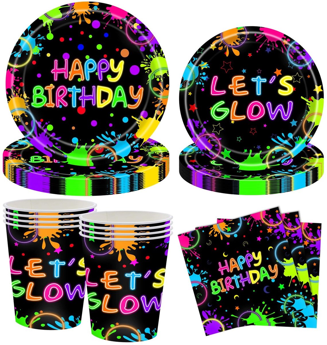Omgoods - Happy Birthday Neon Party Servies Set voor 10 gasten - Kleurvolle decoratie