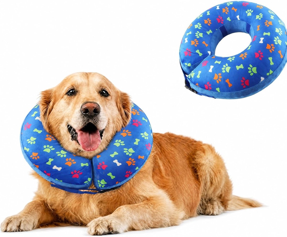 kraag voor honden Shyllin, opblaasbare hondenkraag met verstelbare klittenbandsluiting, kattenkraag, geschikt voor postoperatief herstel, bijt- en likbestendig (Blauw-B, M)