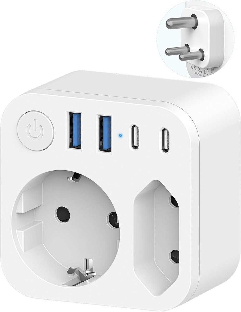 naar India reisadapter met 4 USB (2 type C), 2-voudige outlet adapter, reisstekker adapter Schuko naar type D voor Sri Lanka, india, Nepal-stopcontact, wit