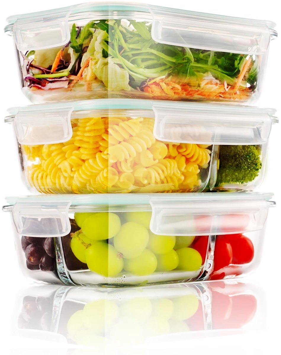 Omgoods - Set van 3 Glazen Maaltijd Prep Dozen 1050ml met Compartimenten