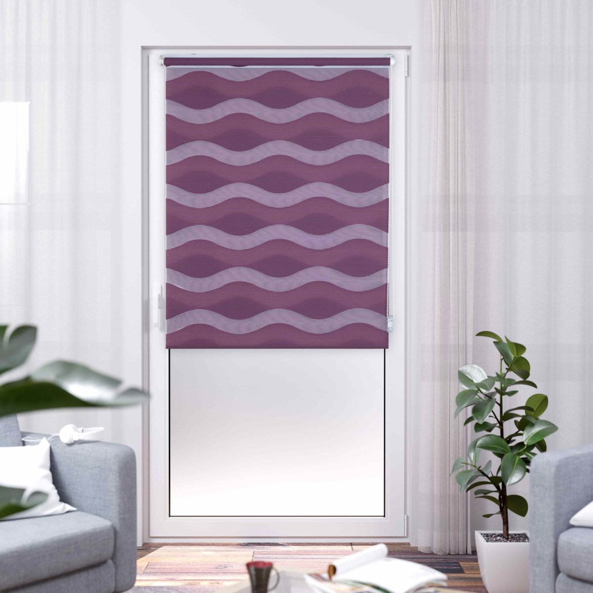 Omgoods - K-Home Klemmfix Dubbel Rolgordijn, Golf, zonder Boren, Bordeaux 65 x 200 cm