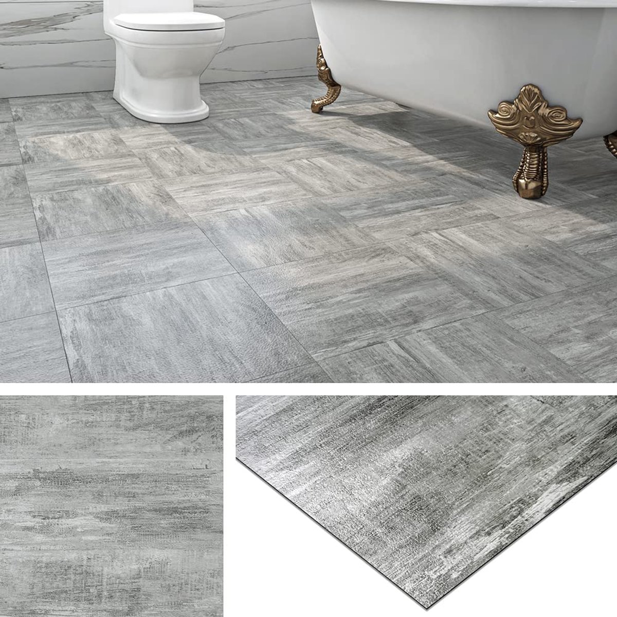 Vinylvloer, zelfklevend, houtlook, tegels, vinyl voor vloer, grijs, 30 x 30 cm, waterdicht, voor keuken, woonkamer, slaapkamer, 4 stukken