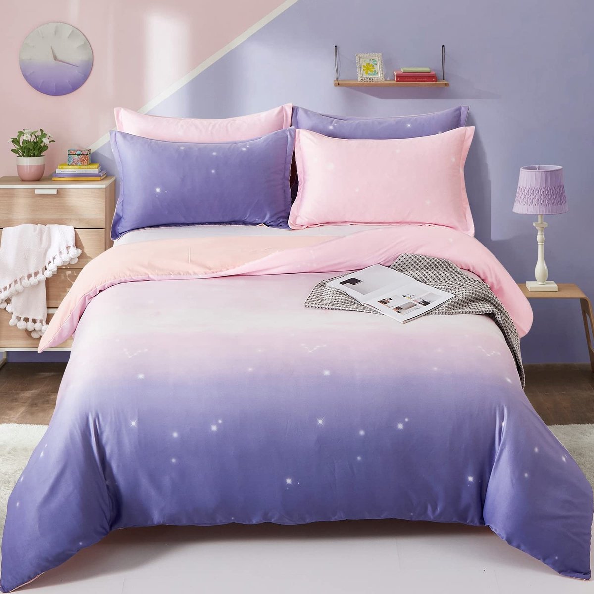 Omgoods - Gradient Dekbedovertrek Set voor Kinderen in Paars en Roze