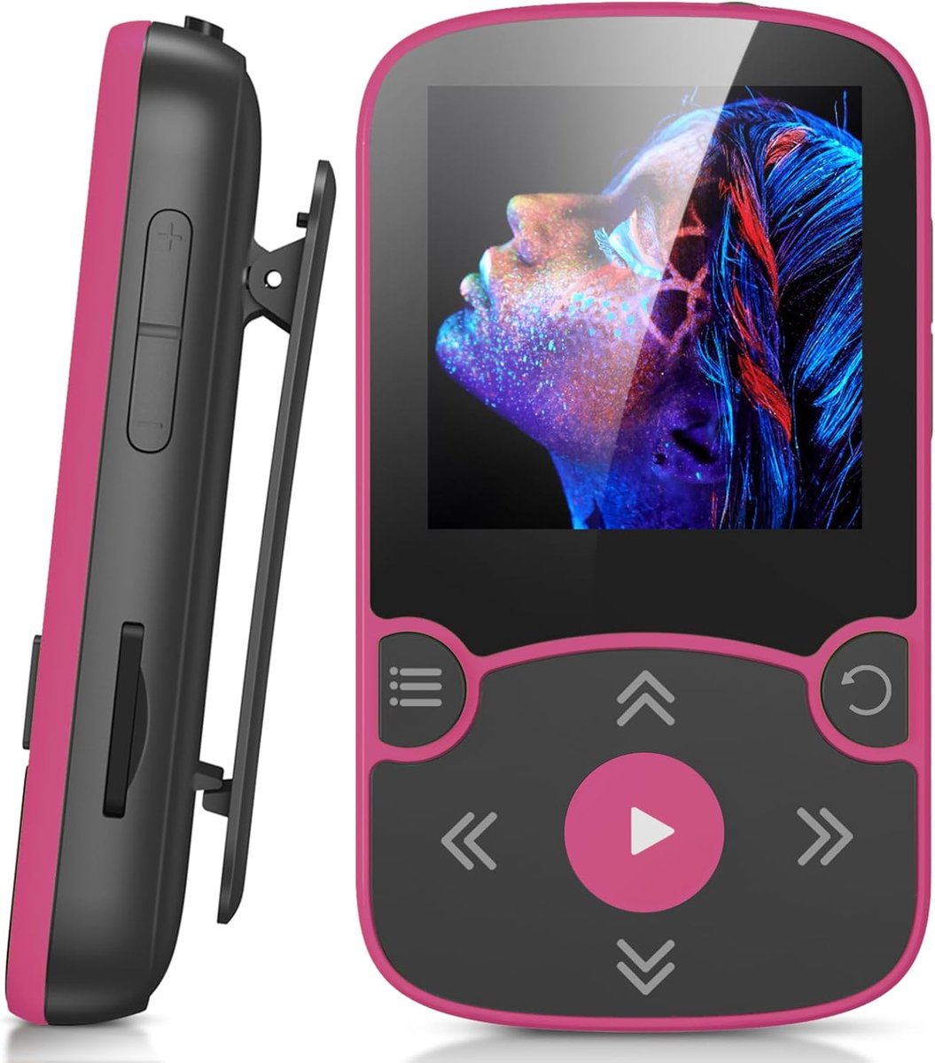 MP3-speler Bluetooth 5.3 Sport 64 GB met 1,5 inch TFT-kleurenbeeldscherm, mini-muziekspeler met clip, ondersteunt tot 128 GB SD-kaart, magenta | Mini-muziekspeler met clip, ondersteunt tot 128 GB met SD-kaart, magenta