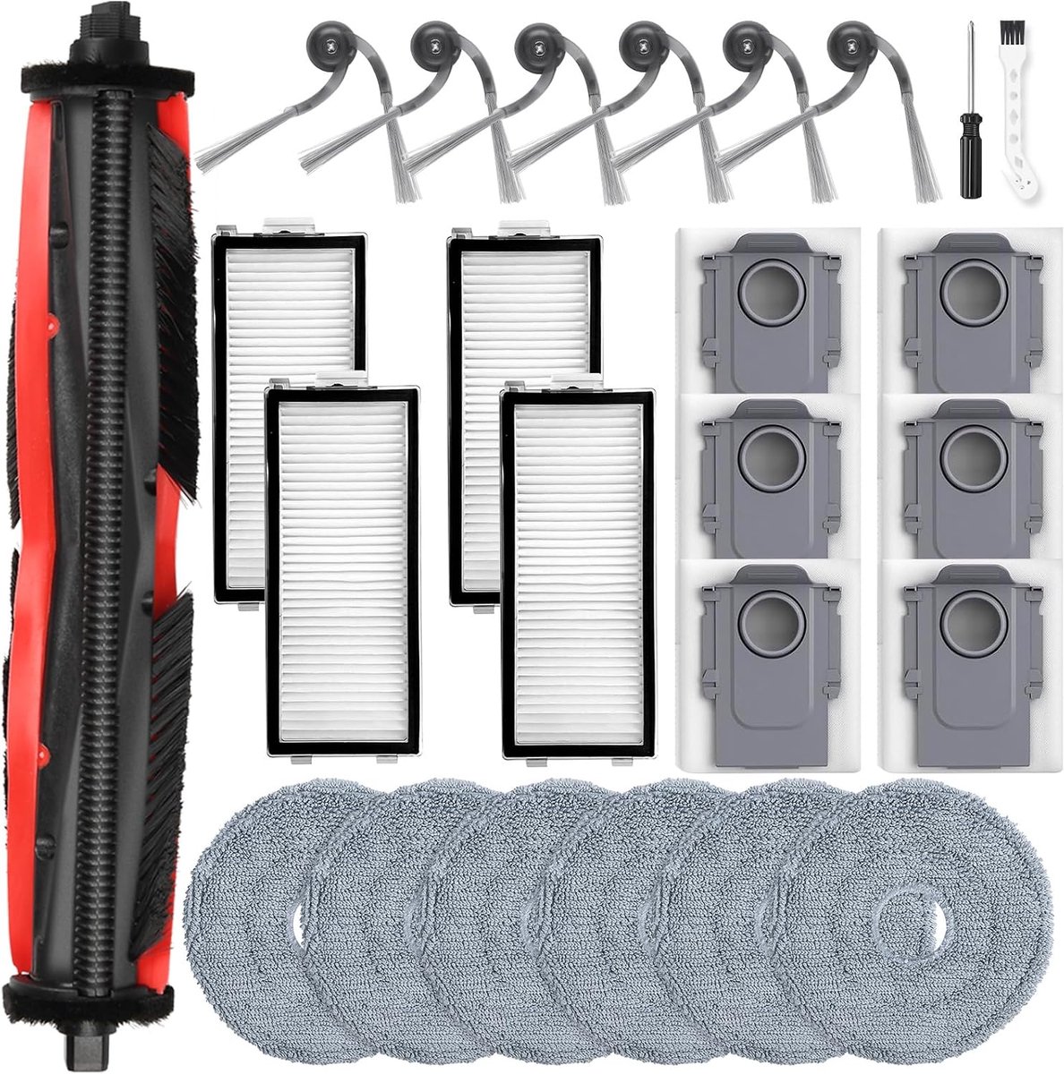 25 stuks accessoires voor Roborock Saros Z70 robotstofzuiger, 1 TriCut hoofdborstels, 6 stofzakken, 6 schoonmaakdoeken, 4 HEPA-filters, 6 zijborstels, 1 reinigingsborstel, 1 schroevendraaier