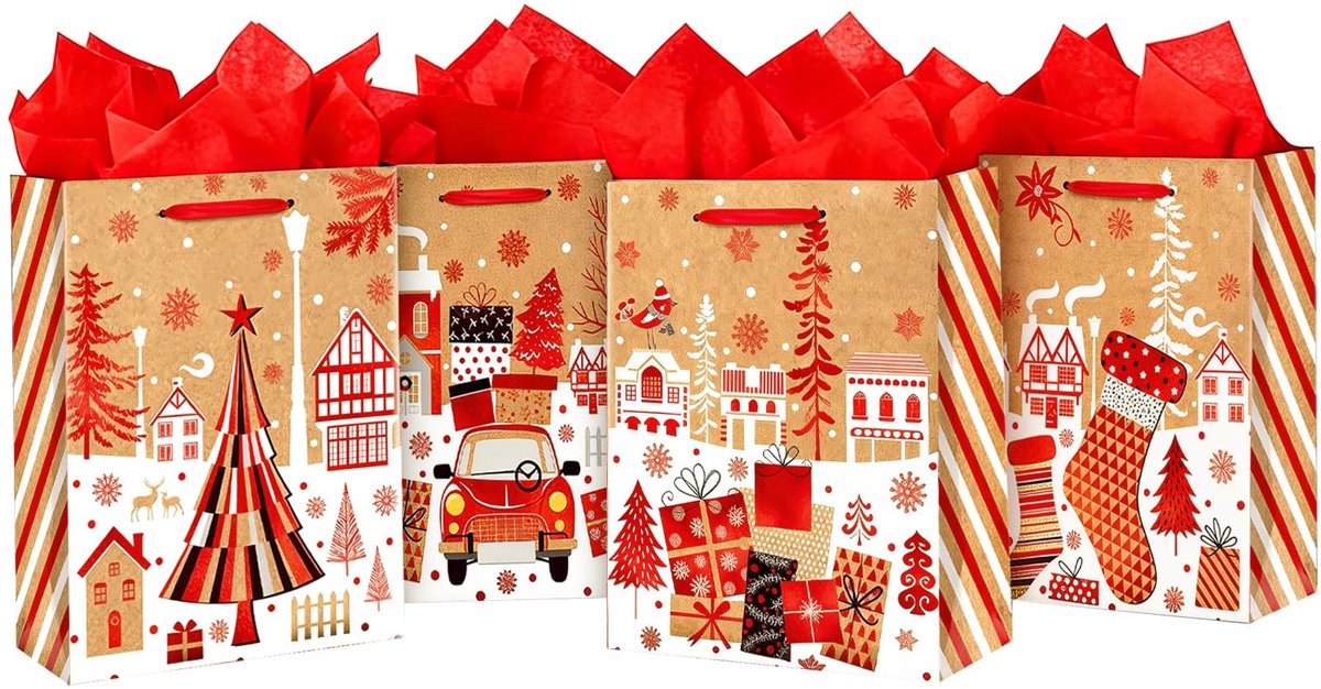Omgoods - 12 Stuks Kerst Cadeautassen met Feestelijke Ontwerpen - Diverse Maten voor de Feestdagen