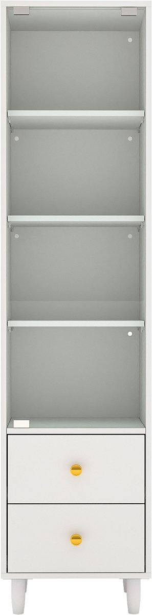 Vitrine met LED-verlichting, moderne boekenkast met glazen deuren en 2 laden, vitrine voor verzamelobjecten, moderne stijl met gouden handgrepen, wit