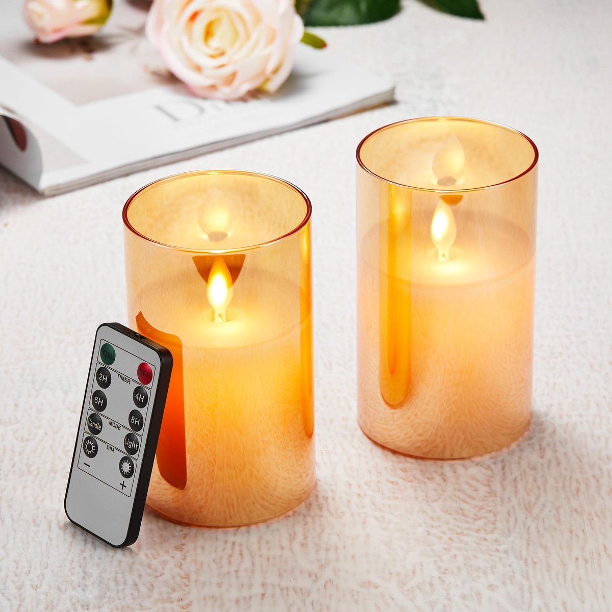 Omgoods - Set van 2 LED Kaarsen met Afstandsbediening - Bruin Glas voor Feestdagen