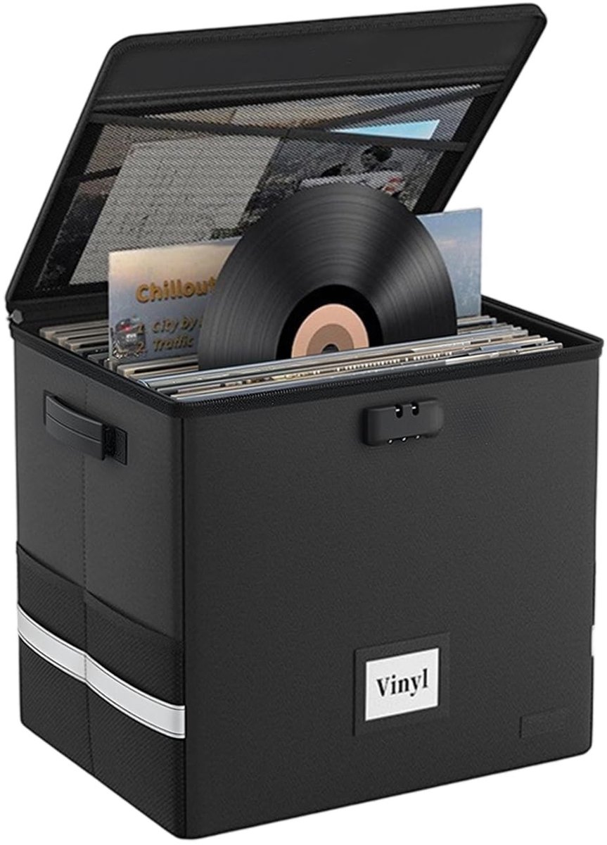 Omgoods - Vinyl Record Storage Box met Slot - Brandvertragend en Waterdicht voor 100+ Vinylplaten
