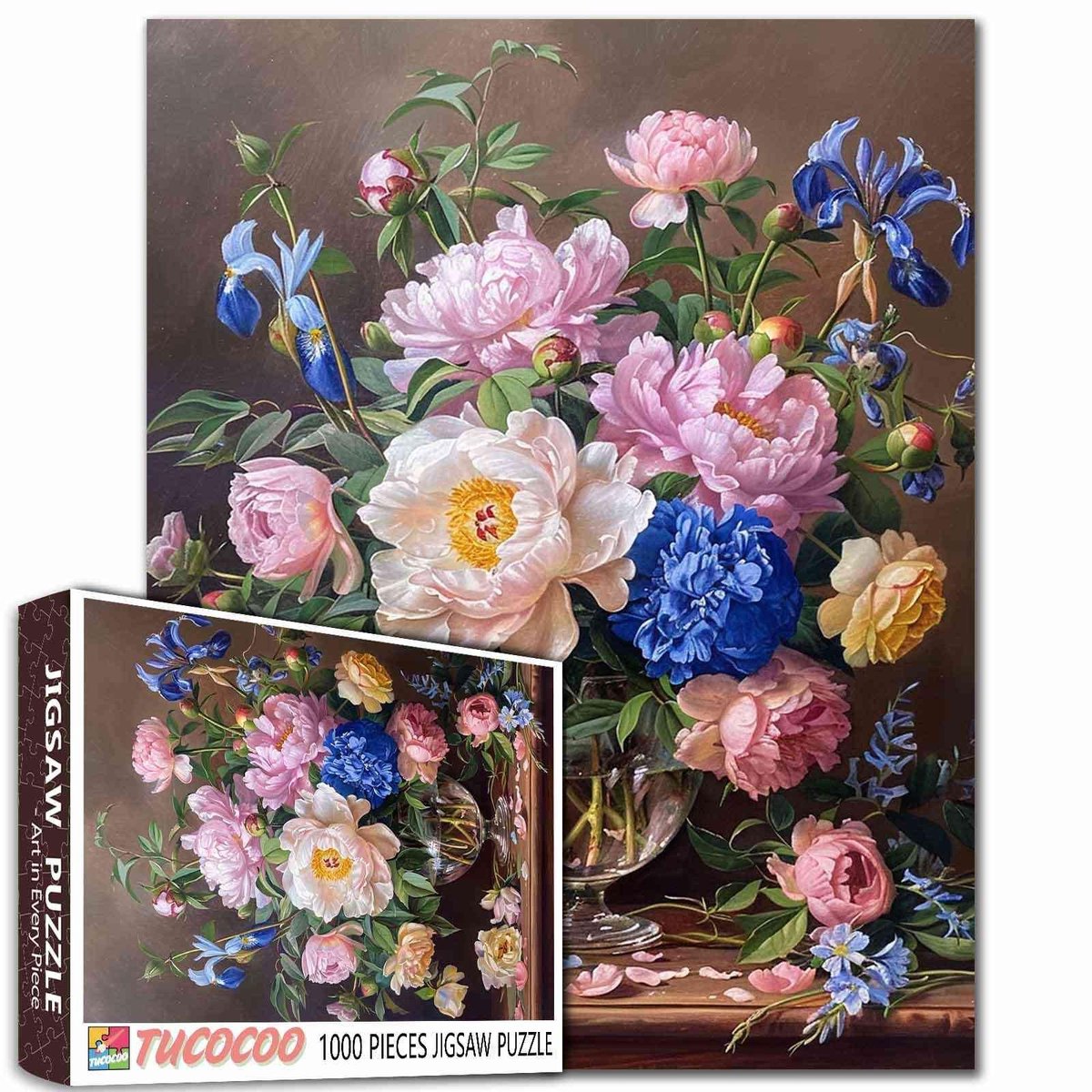 Omgoods - Kleurige Pioenrozen Puzzel voor Volwassenen - 1000 Delen Vintage Vaas