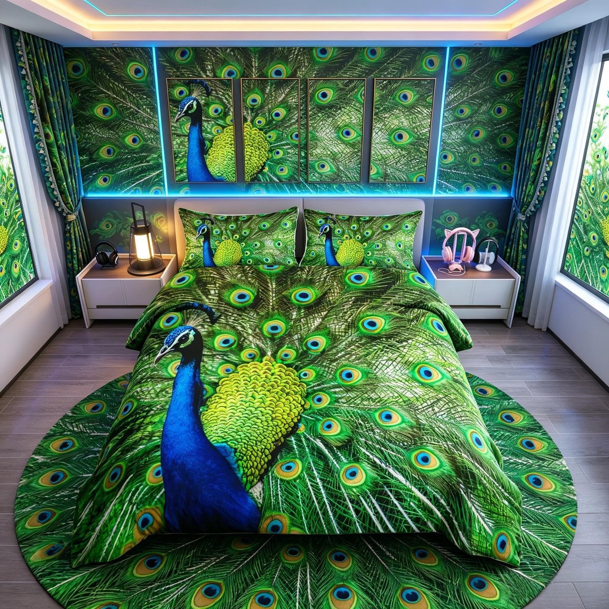 Omgoods - Super King Size Duvet Cover Set met Pauwen Motief en Kussenslopen