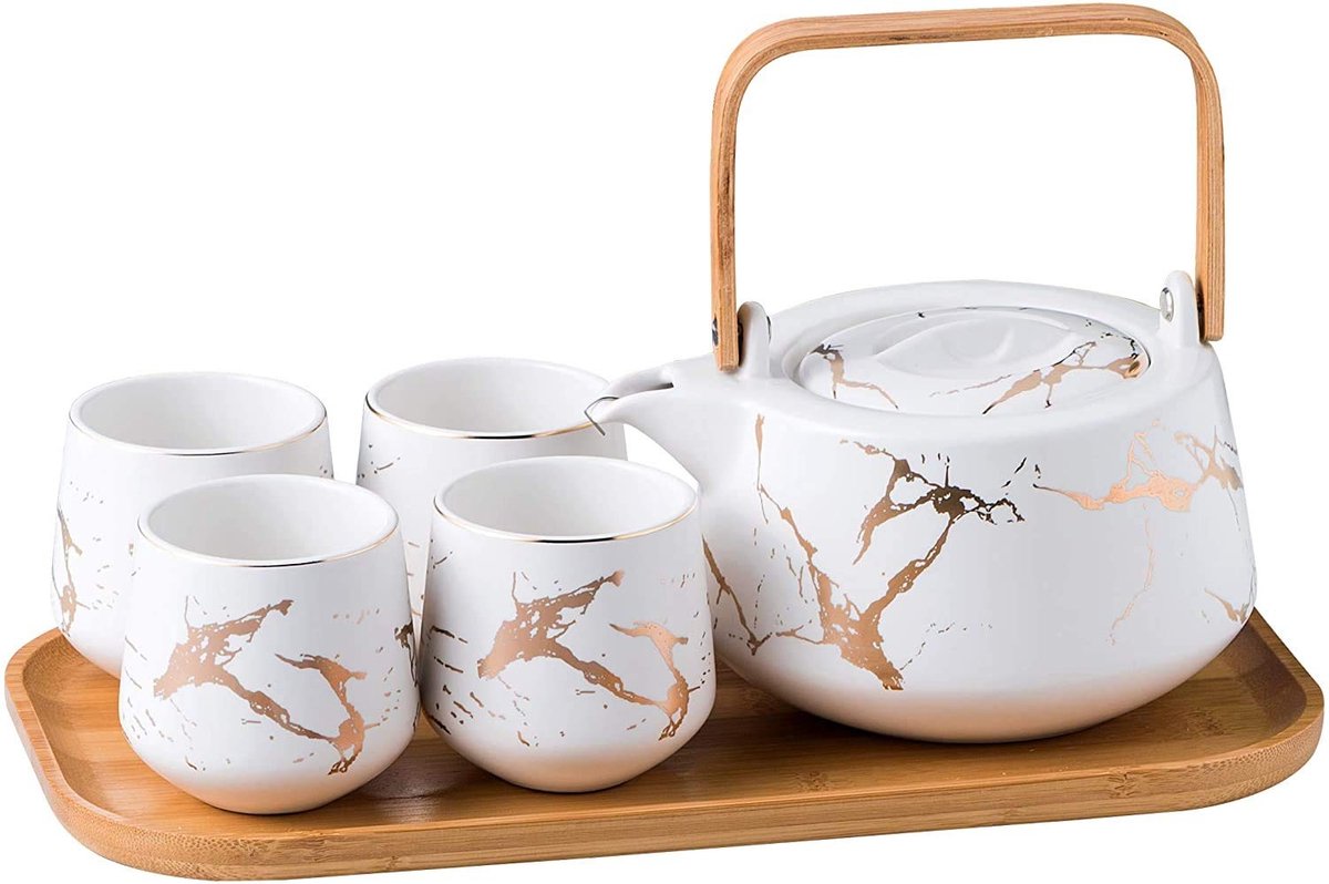 Omgoods - Japanse Ceramische Theeset met Houten Dienblad en 4 Kopjes