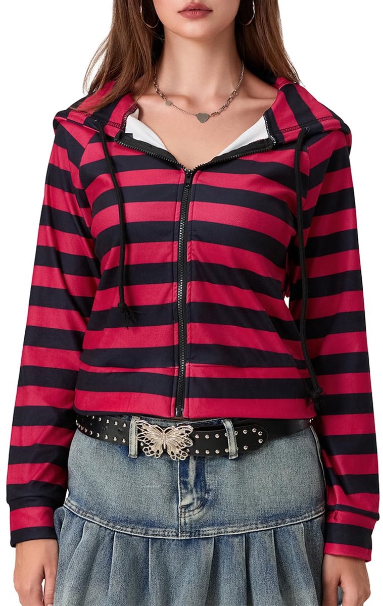 Omgoods - Dames Korte Hoodie met Rits en Lange Mouwen - Getailleerde Pullover Tops Y2K
