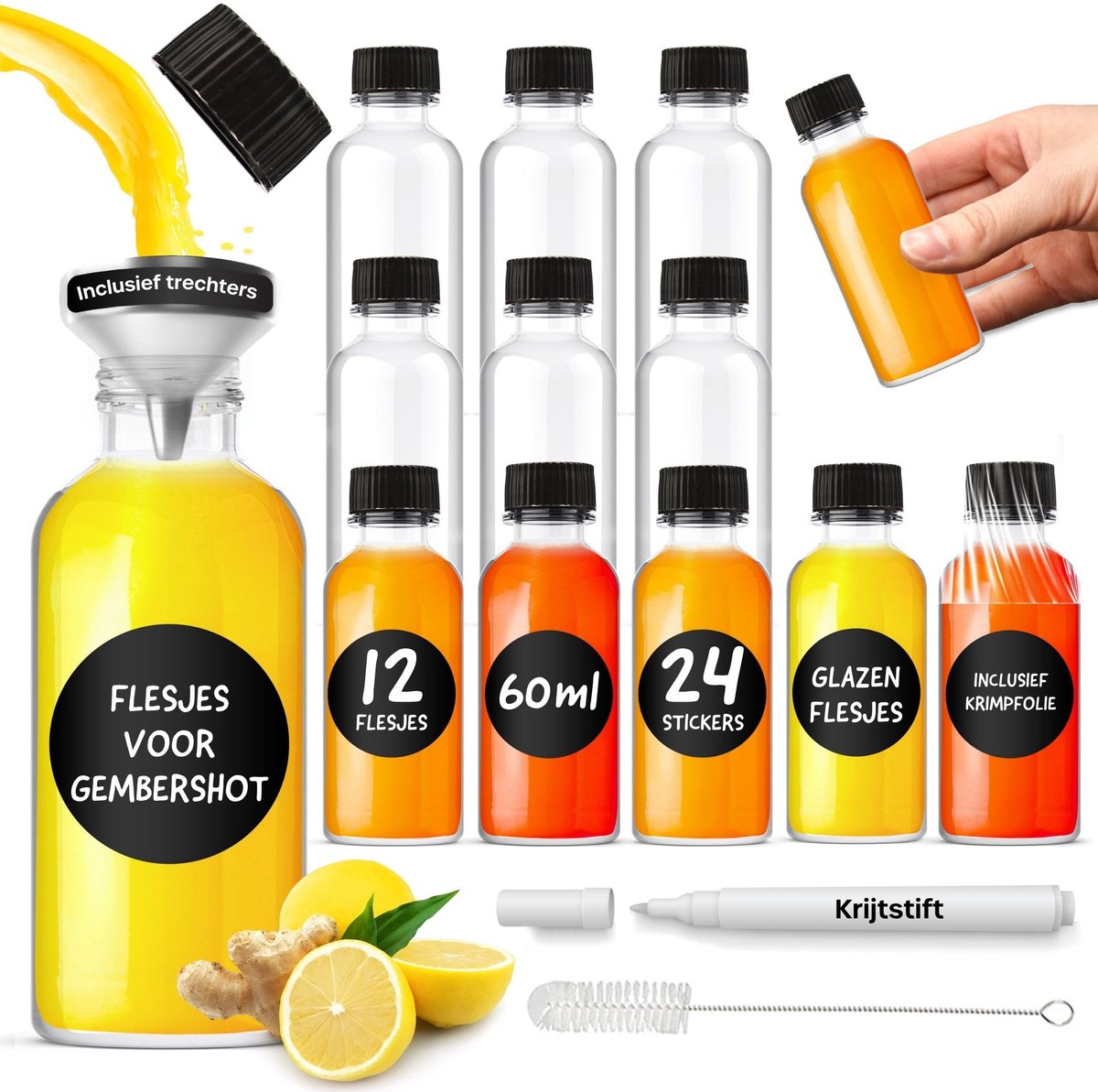 Omgoods - Set van 12 Glas Bottles van 60ml met Trechter en Stickers - Ideaal voor Shots en Decoratie
