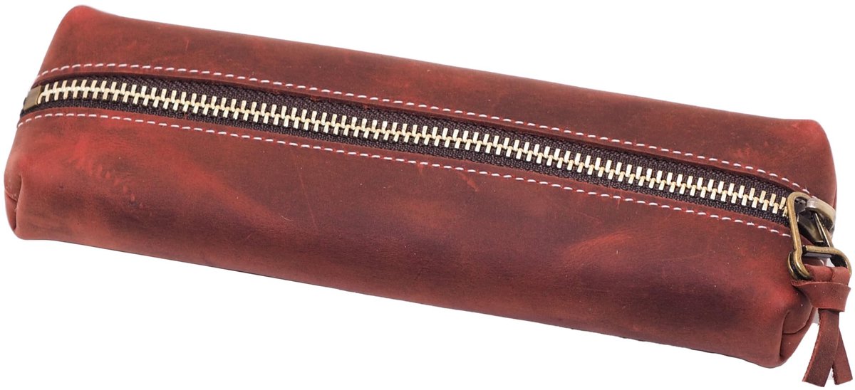 Omgoods - Elegant Leer Zipper Etui - Handgemaakt Pennenhouder voor Volwassenen en Studenten - Rood