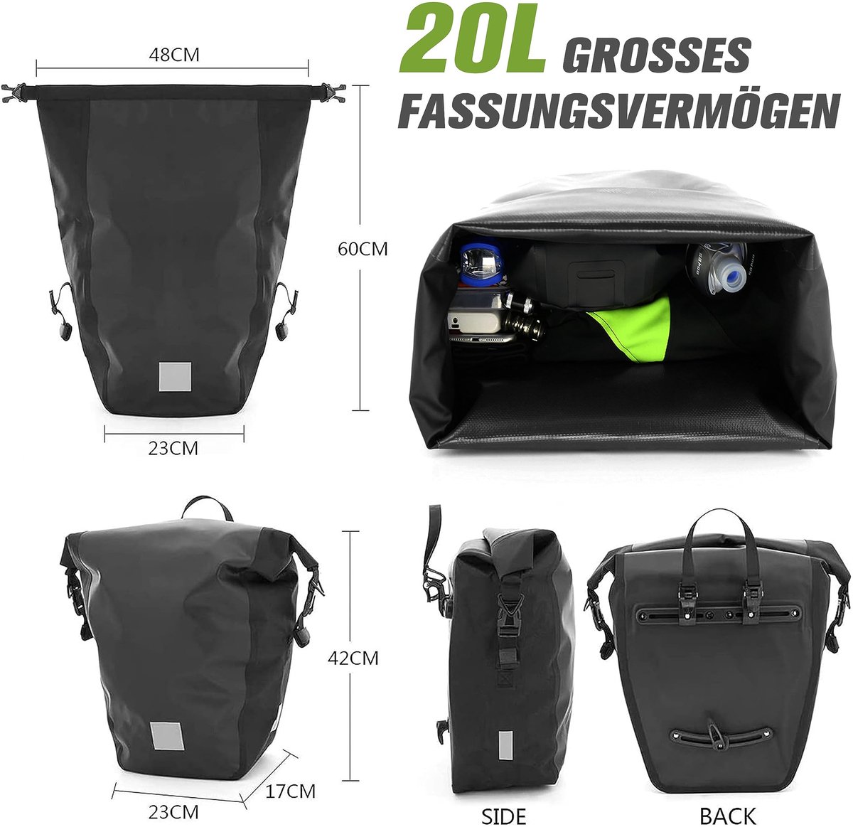 Omgoods - 3-in-1 Fietstas voor Bagagedrager - 100% Waterdicht - 20L - Zwart met Reflecterende Strepen