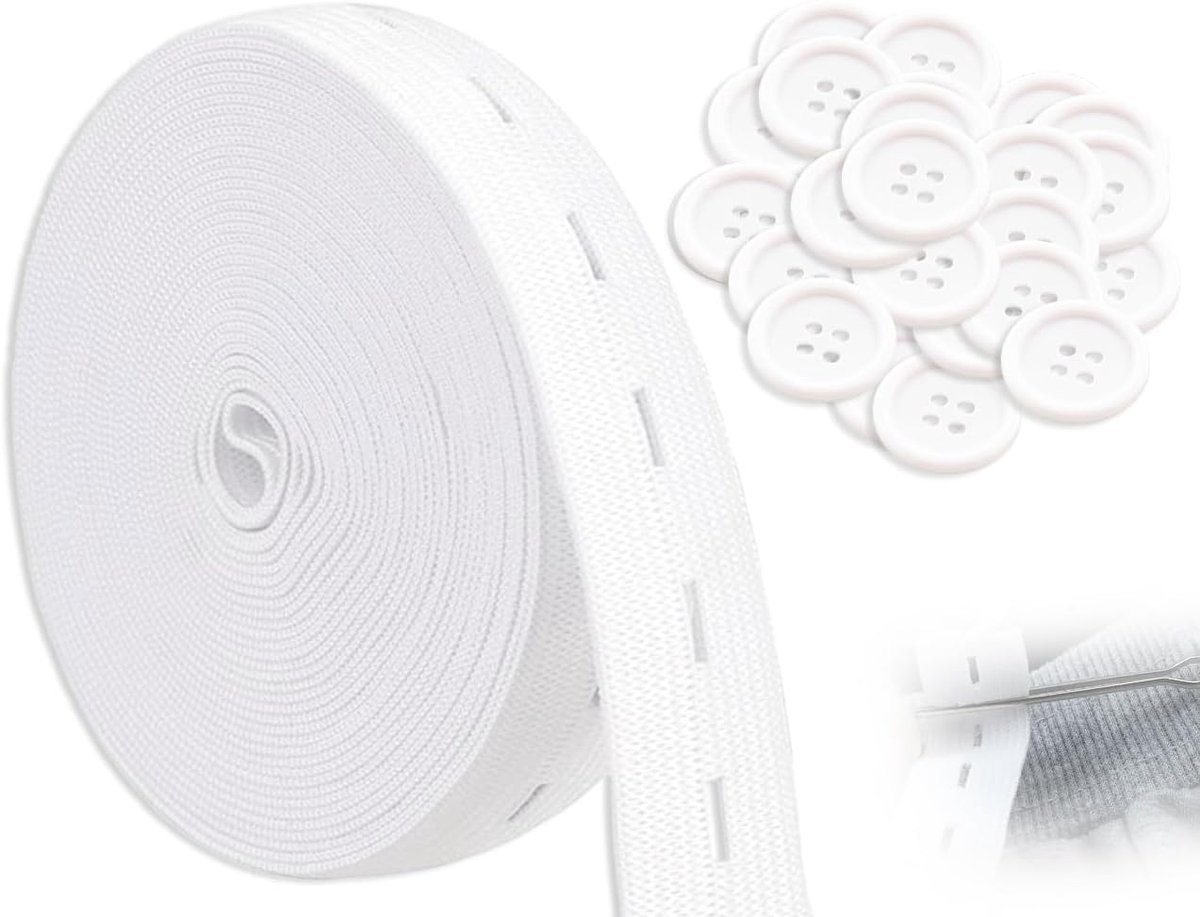 Elastische band om te naaien, elastiek met knoopogen, lint met 25 stuks knopen, voor broekrok, taillebanden, doe-het-zelf handwerk, naai-accessoires (2 cm x 5 m, wit)