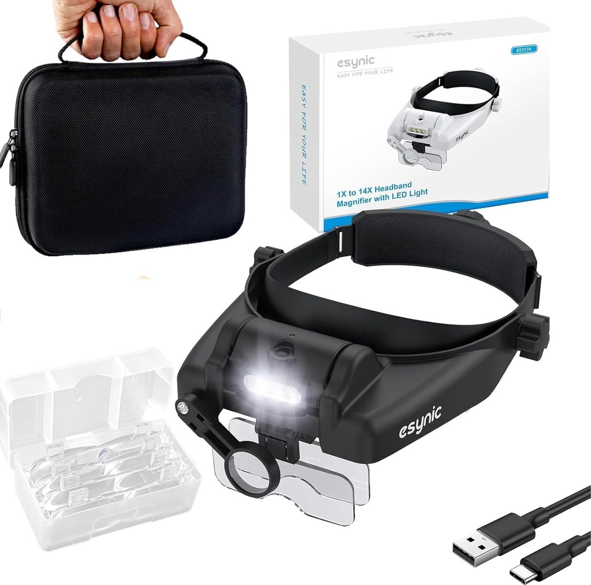 Omgoods - LED Hoofdmagnifier met 5 Lensen en Oplaadbare Verlichting - Handfree Vergrootglas voor Reparaties