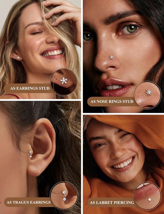 20G 18G 16G helix piercings tragus piercing voor dames roestvrij staal threadless neuspiercing push in flatback oorstekers goud zilver lip labret conch medusa nostril kraakbeen helix tragus — afbeelding 2