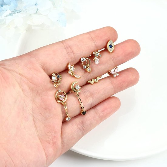 9 Stks Stud Oorbellen Voor Vrouwen 16G Kraakbeen Oorbellen Hart Ster CZ Dangle Oorbellen Vlinder Rvs Platte Terug Oorbellen Snake Boze Oog Tragus Helix Conch Piercing Sieraden — afbeelding 5